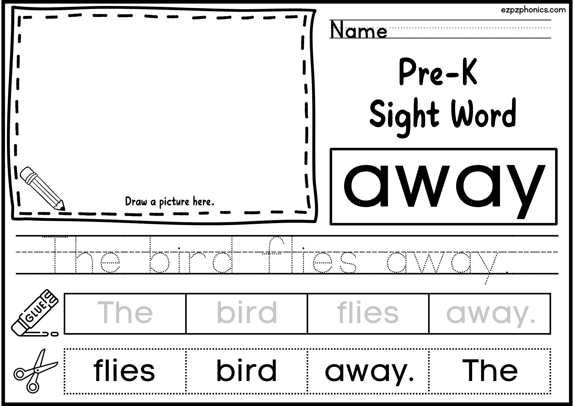 Away Dolch Sight Word Activity. Draw, Color, Cut and Paste, and Word Tracing.